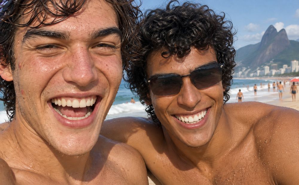 Two friends smiling together on a Rio de Janeiro beach