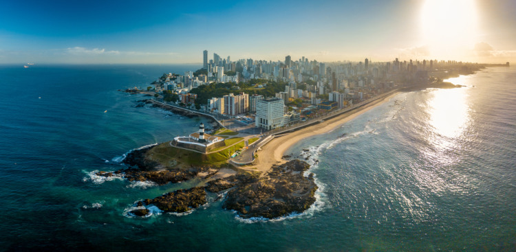 Aerial view of Farol da Barra lighthouse, the fort and surrounding coastline in Salvador, Bahia