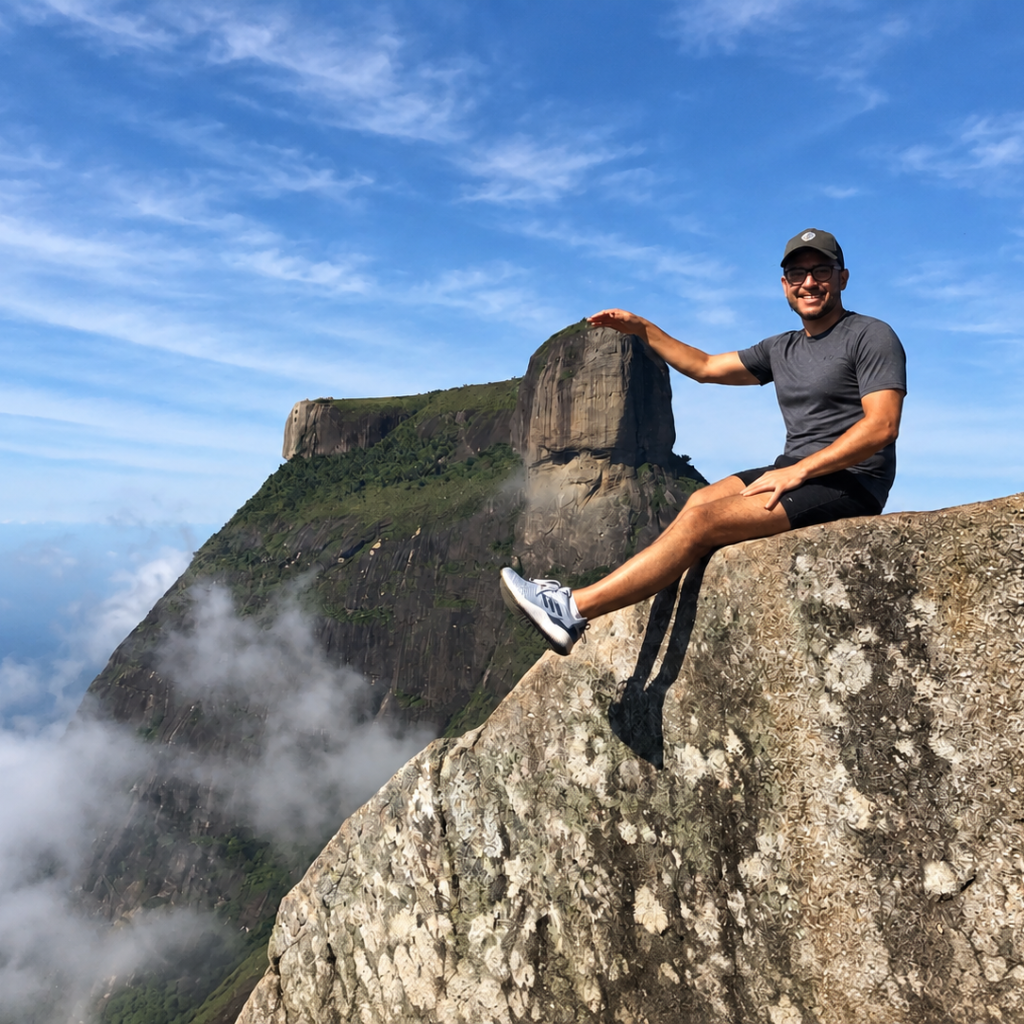 Traveler sitting on a rocky mountain viewpoint above the clouds in Rio de Janeiro